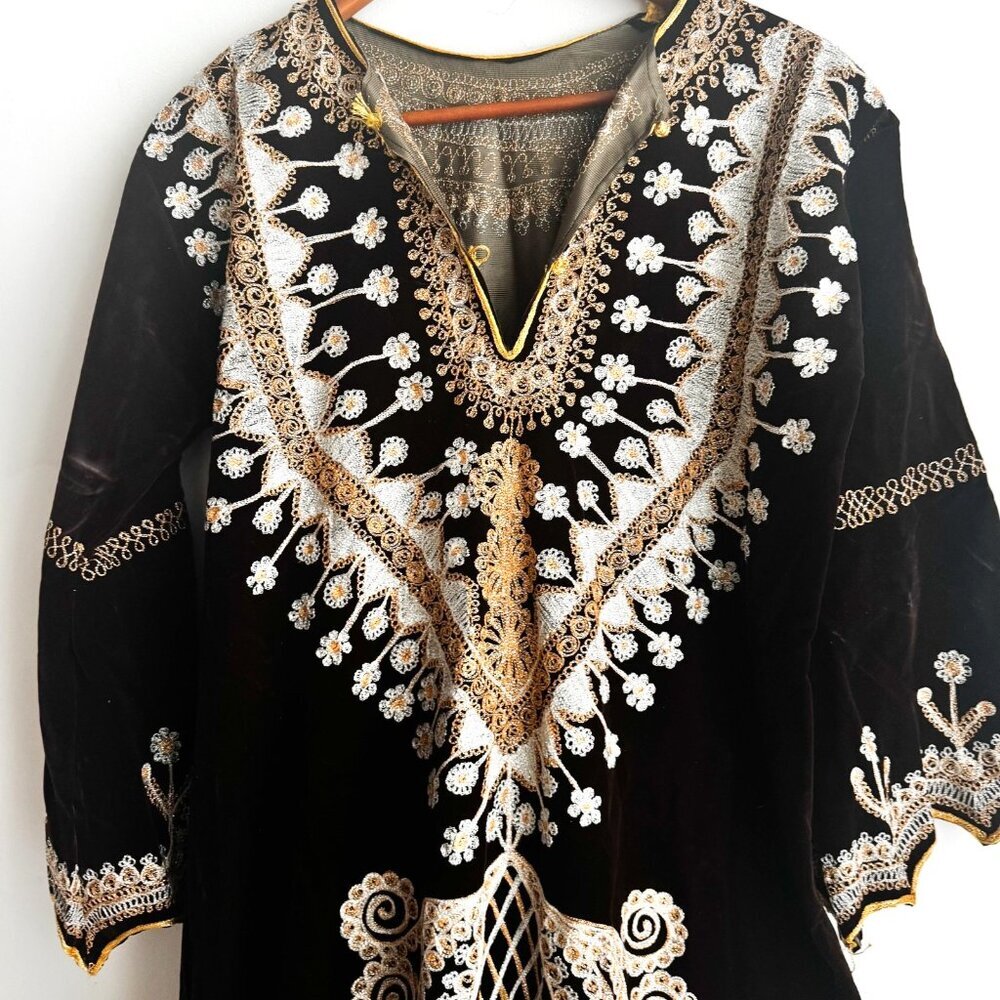 Vintage Velvet Brown Embroidered Long Maxi Tunic M - Picture 4 of 7